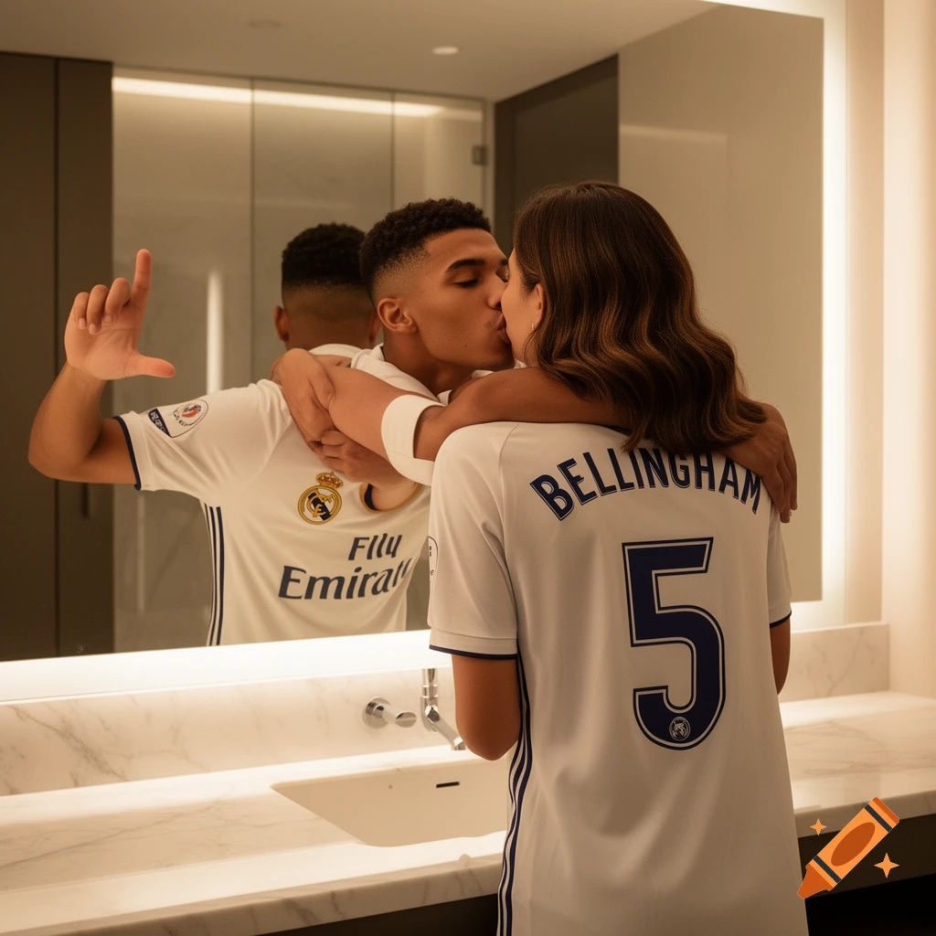 A man and a woman in Real Madrid jerseys kiss in a mirror reflection, with the woman showing "BELLINGHAM 5" on her back.