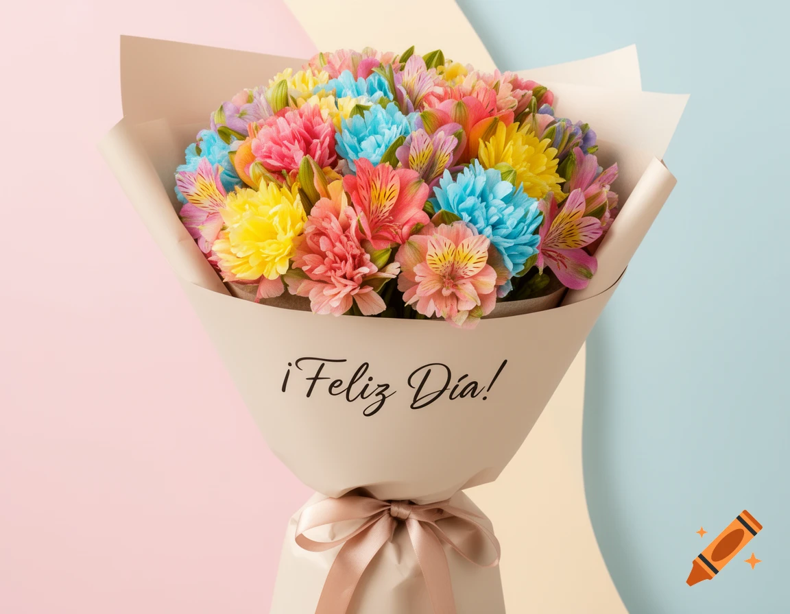 A vibrant bouquet of colorful astromelias wrapped in beige paper with a pink bow, featuring "¡Feliz Día!" text on the front.