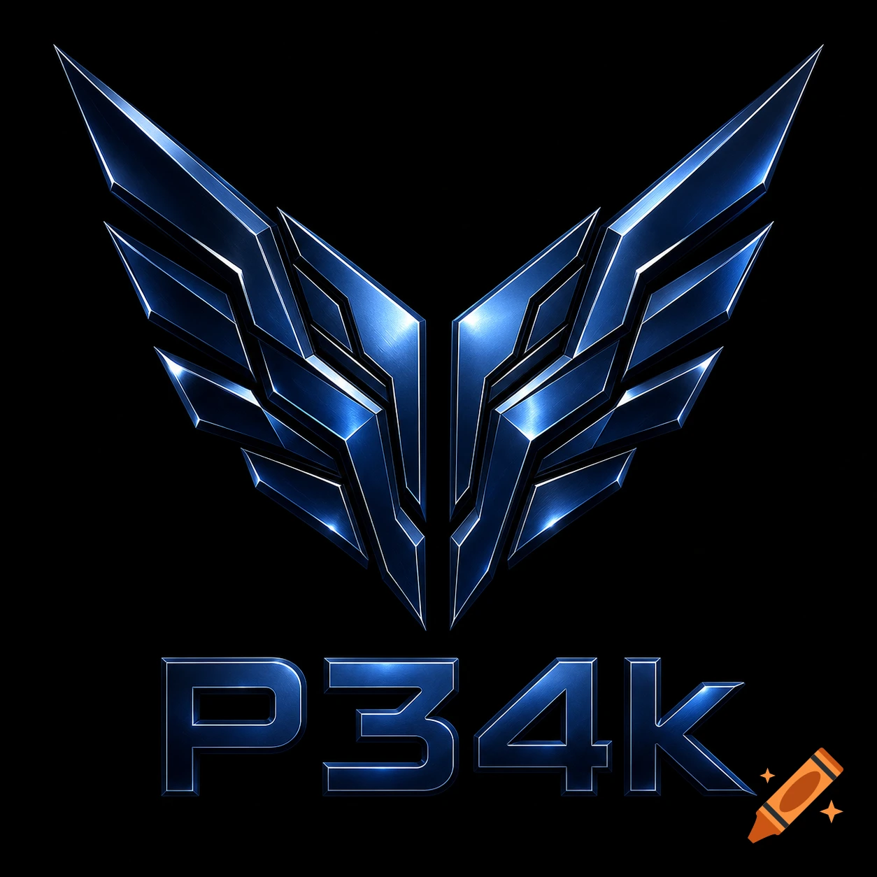 A blue metallic, futuristic winged emblem above the text 'P34k' on a black background.