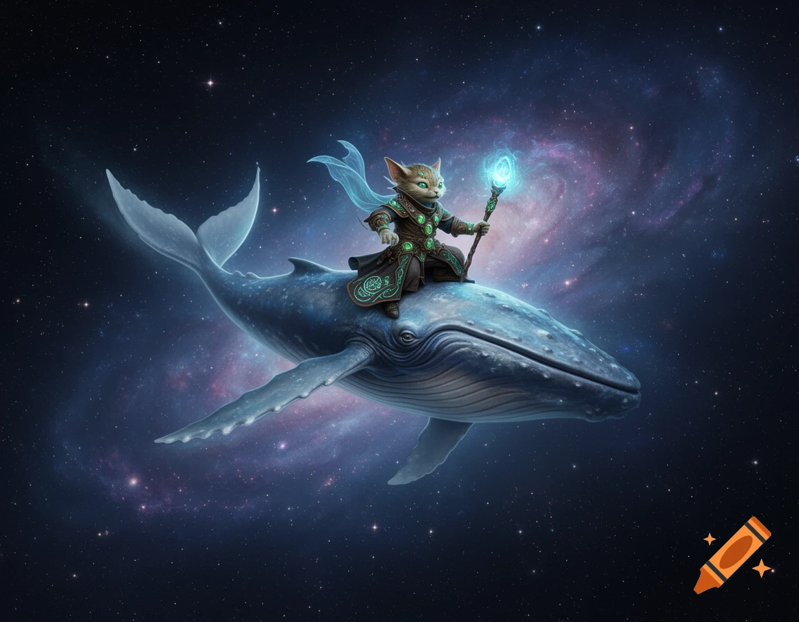 A cat-like sorcerer in green robes rides on the back of a large whale through a colorful, star-filled space with a nebula.