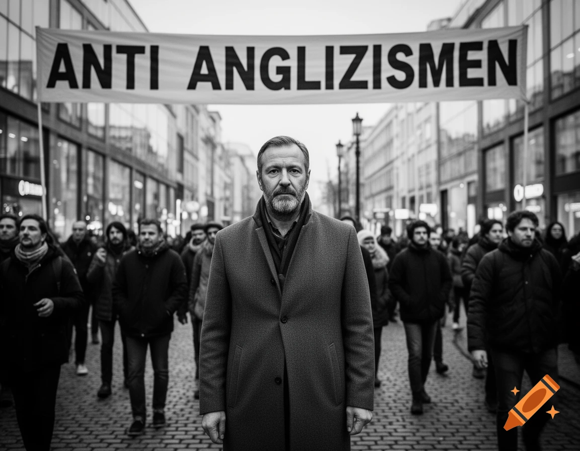 A black and white photo of a bearded man in a coat standing in the foreground, with a protest banner reading "ANTI ANGLIZISMEN" above a crowd on a city street.