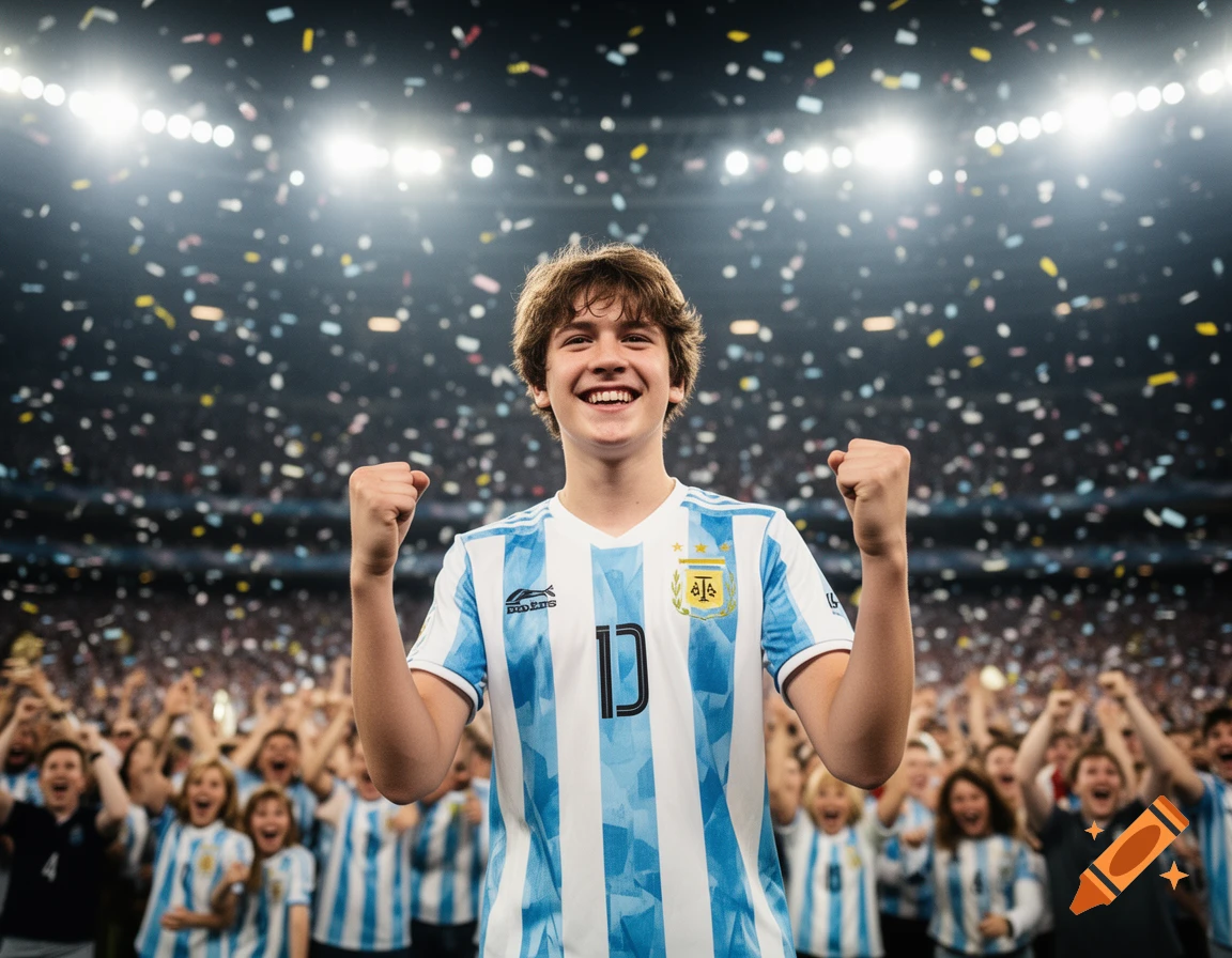 A smiling young man in an Argentina soccer jersey with number 10 cheers with clenched fists in a stadium filled with confetti.
