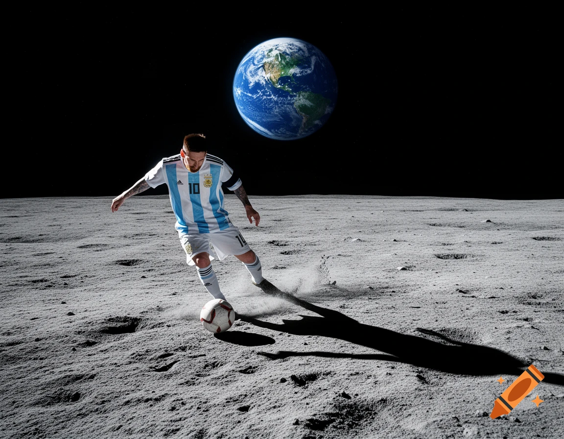 Lionel Messi in an Argentina jersey dribbling a soccer ball on the moon, with Earth visible in the black sky.