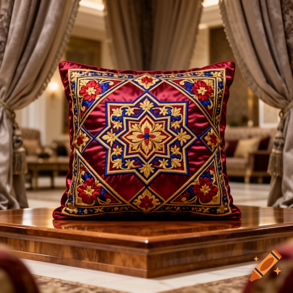A luxurious red pillow with intricate gold, blue, and red embroidery sits on a polished wooden table in an opulent room.