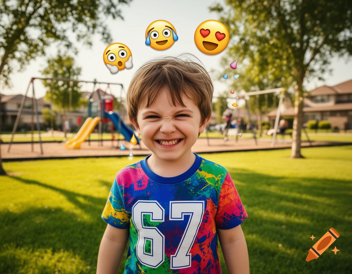 Smiling boy in a colorful 67 shirt in a sunny playground with emojis floating above his head.