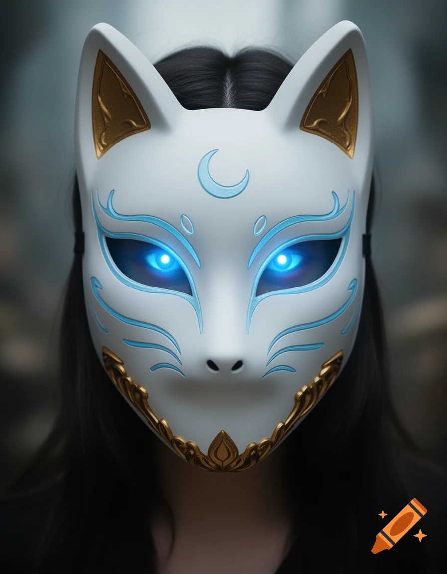 A person with dark hair wearing a white kitsune mask with glowing blue eyes, light blue details, and a golden chin.
