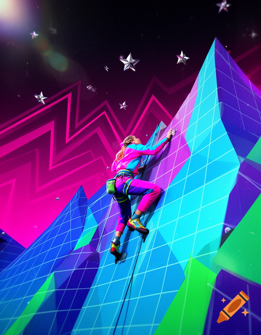 A person in a bright neon-colored outfit rock climbs a geometric, synthwave-styled mountain under a star-filled sky.