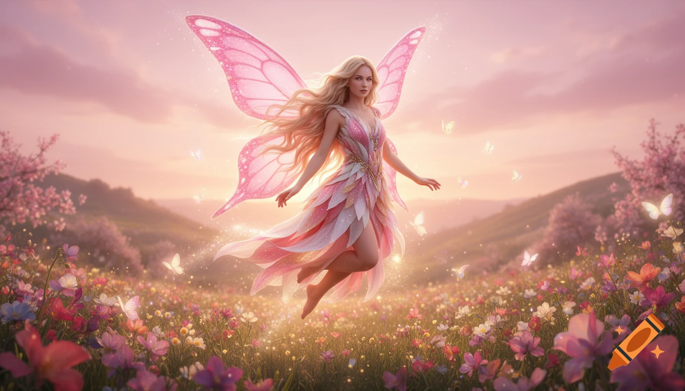 A beautiful blonde fairy with sparkling pink wings floats over a vibrant flower meadow at sunset, with luminous butterflies.