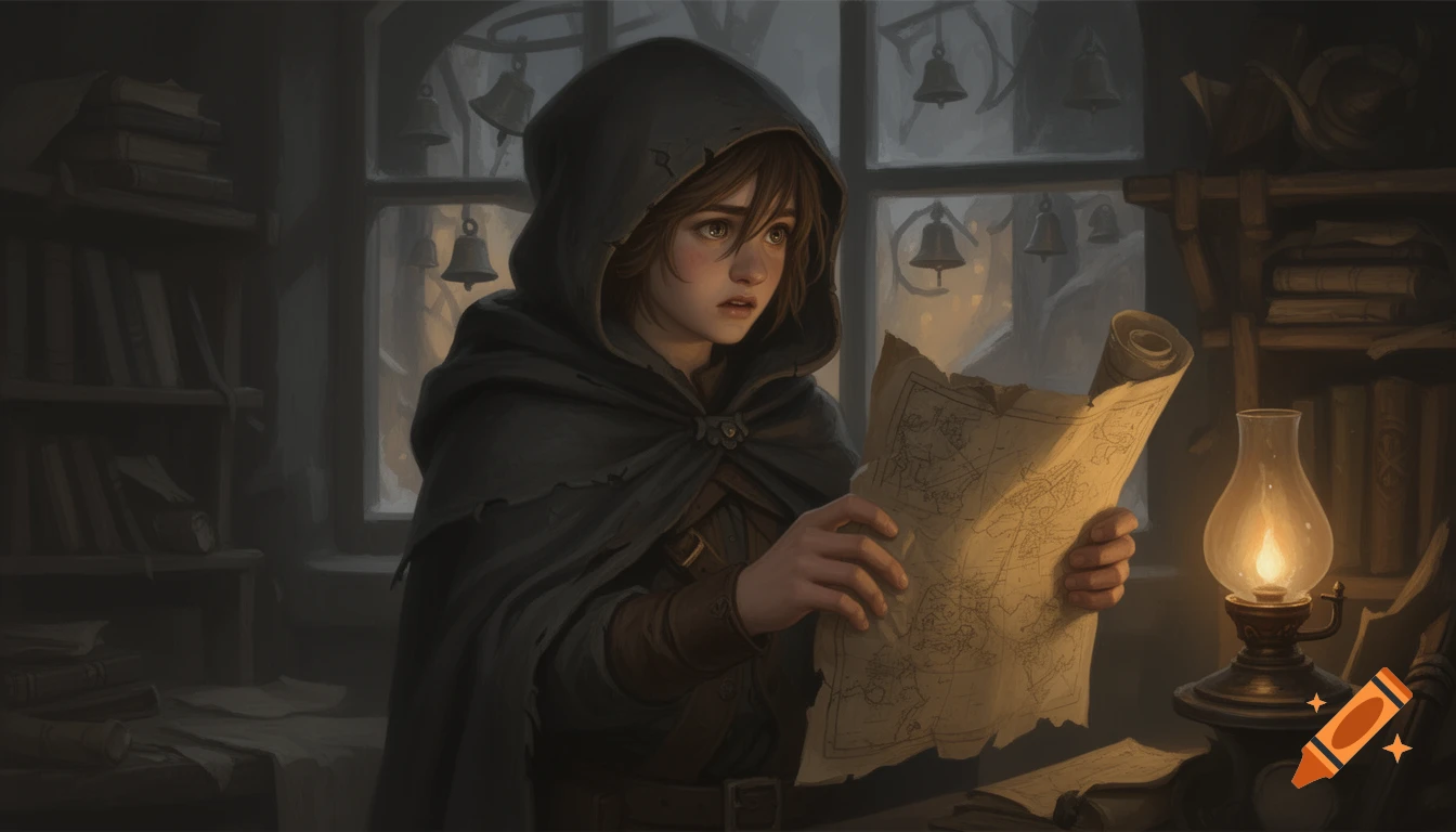 A young woman in a dark hooded cloak studies a rolled map by lamplight in a dim, book-filled room. Fantasy illustration.
