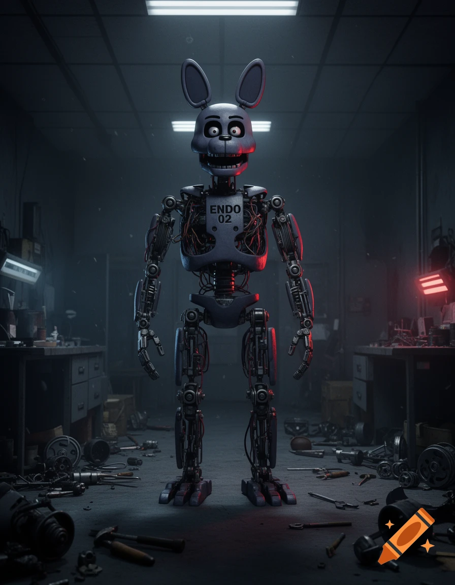 A photorealistic rendering of an animatronic rabbit robot with an exposed endoskeleton, standing in a dark, cluttered workshop.