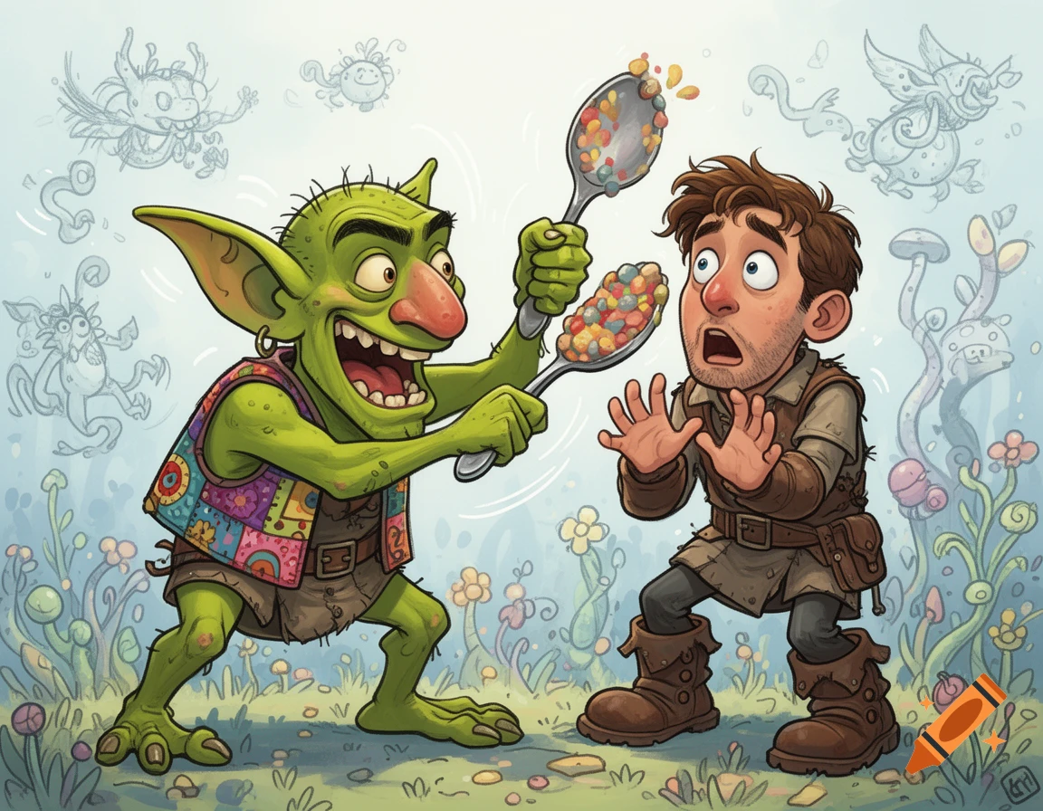 A cheerful green goblin offers two spoons of colorful candy to a scared human man in a whimsical, cartoon fantasy landscape with doodle creatures.