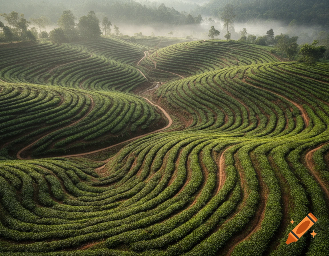 Aerial view of lush green tea plantations winding across rolling hills with mist in the background.