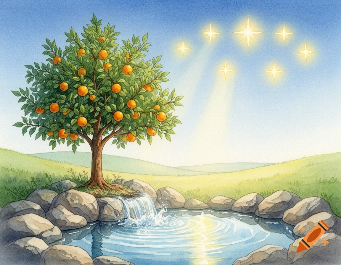 A watercolor painting of a fruit-bearing tree beside a rocky spring with clear water, under a bright blue sky with seven glowing stars.