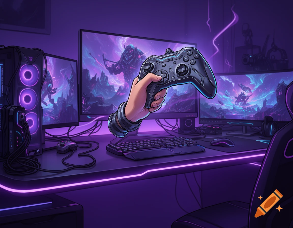 Cartoon illustration of a hand holding a game controller in front of a neon-lit purple gaming setup with multiple monitors.