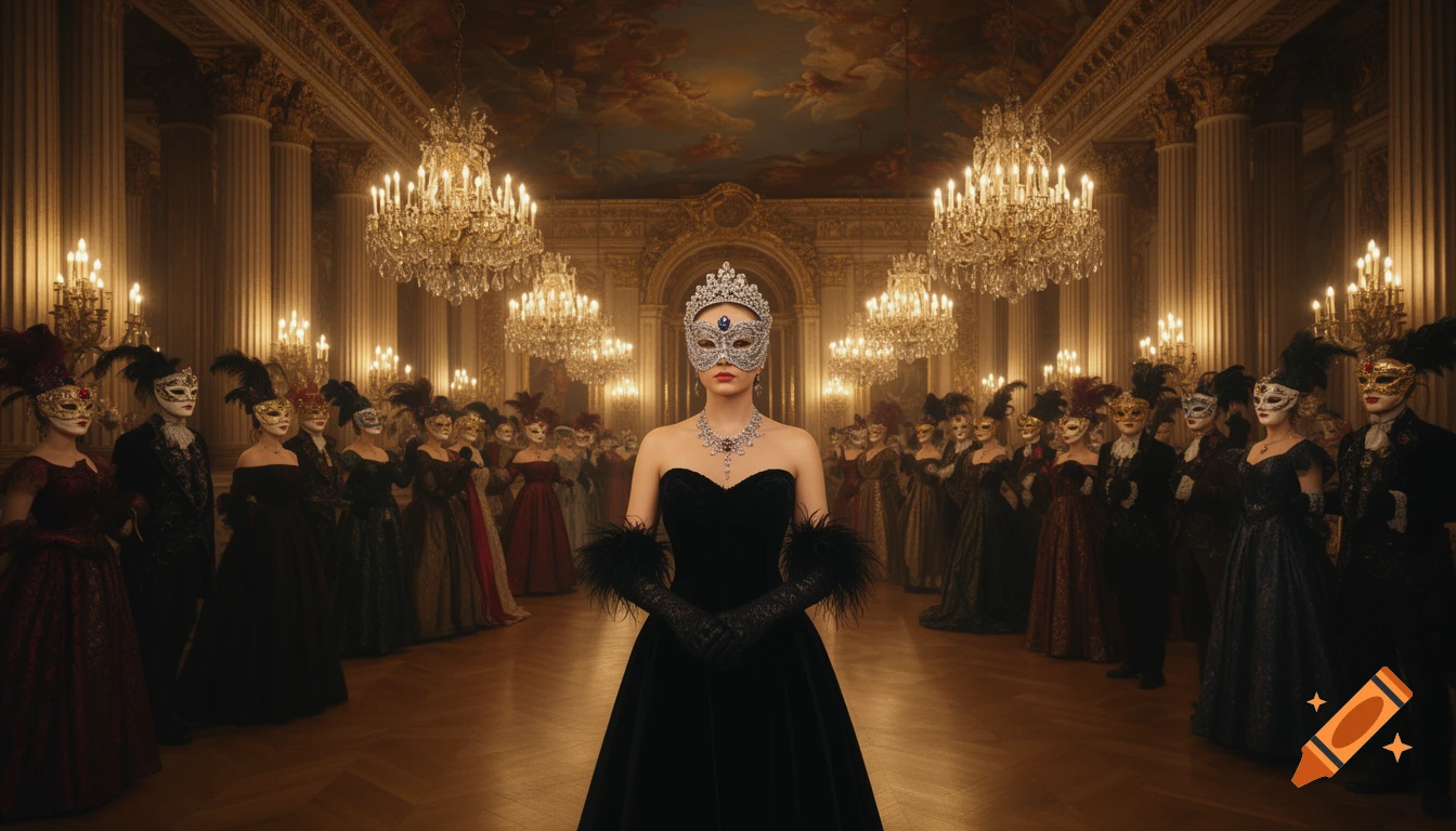 A woman in a black gown, silver masquerade mask, and tiara stands center in a grand Baroque ballroom filled with masked guests.