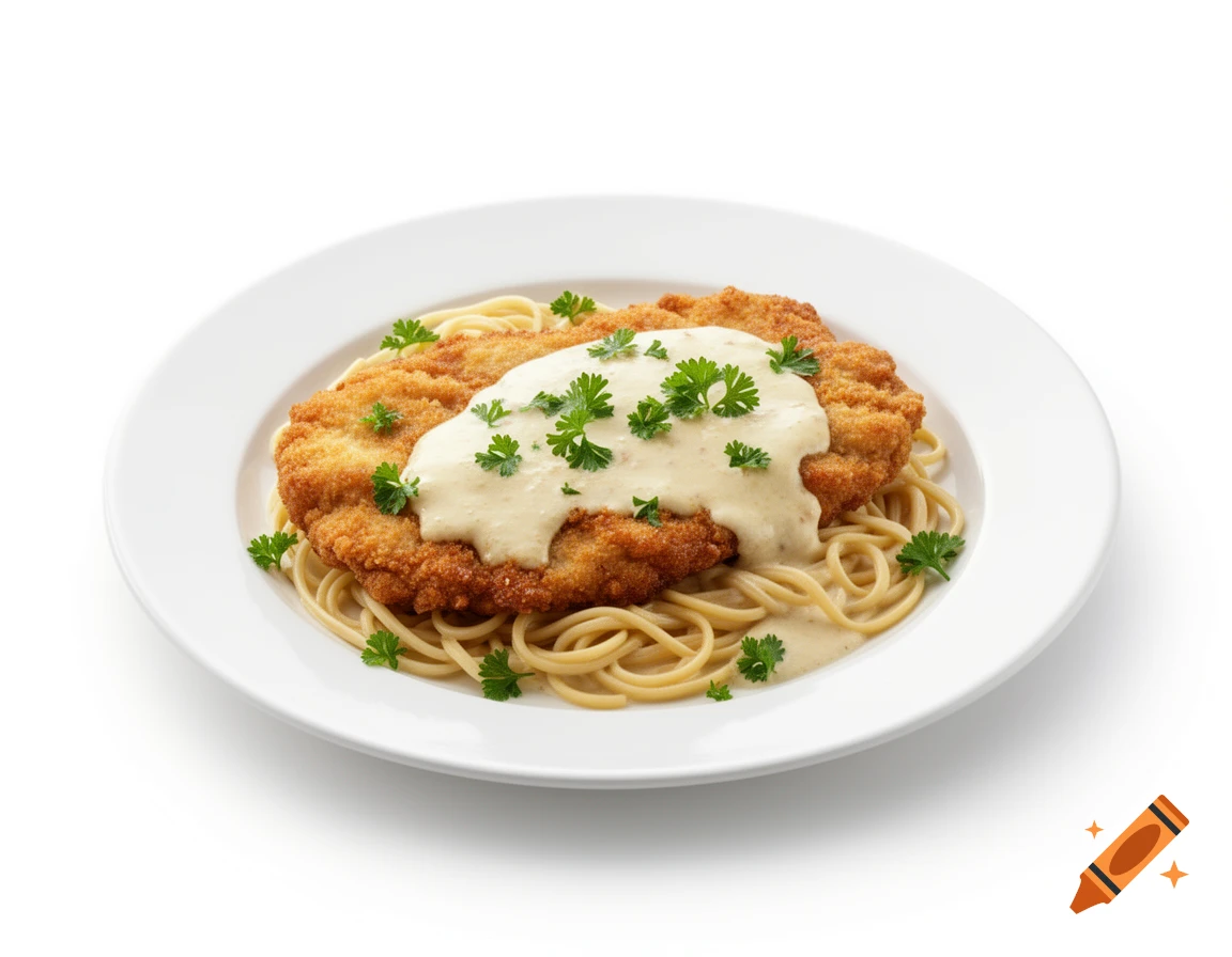 Photorealistic studio photo of a breaded schnitzel with creamy sauce and fresh parsley on a bed of spaghetti, served on a white plate with a pure white background.