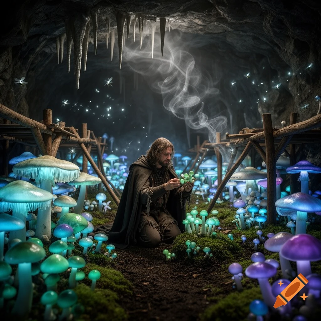 A man in a dark cloak kneels in a mystical cave, surrounded by glowing blue, green, and purple mushrooms, examining a small green cluster.