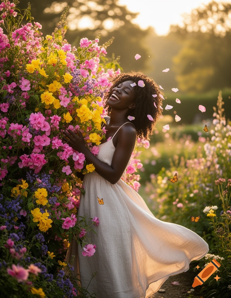 A smiling Black woman with curly hair laughs amongst vibrant pink and yellow flowers in a sunlit garden, with petals falling around her.
