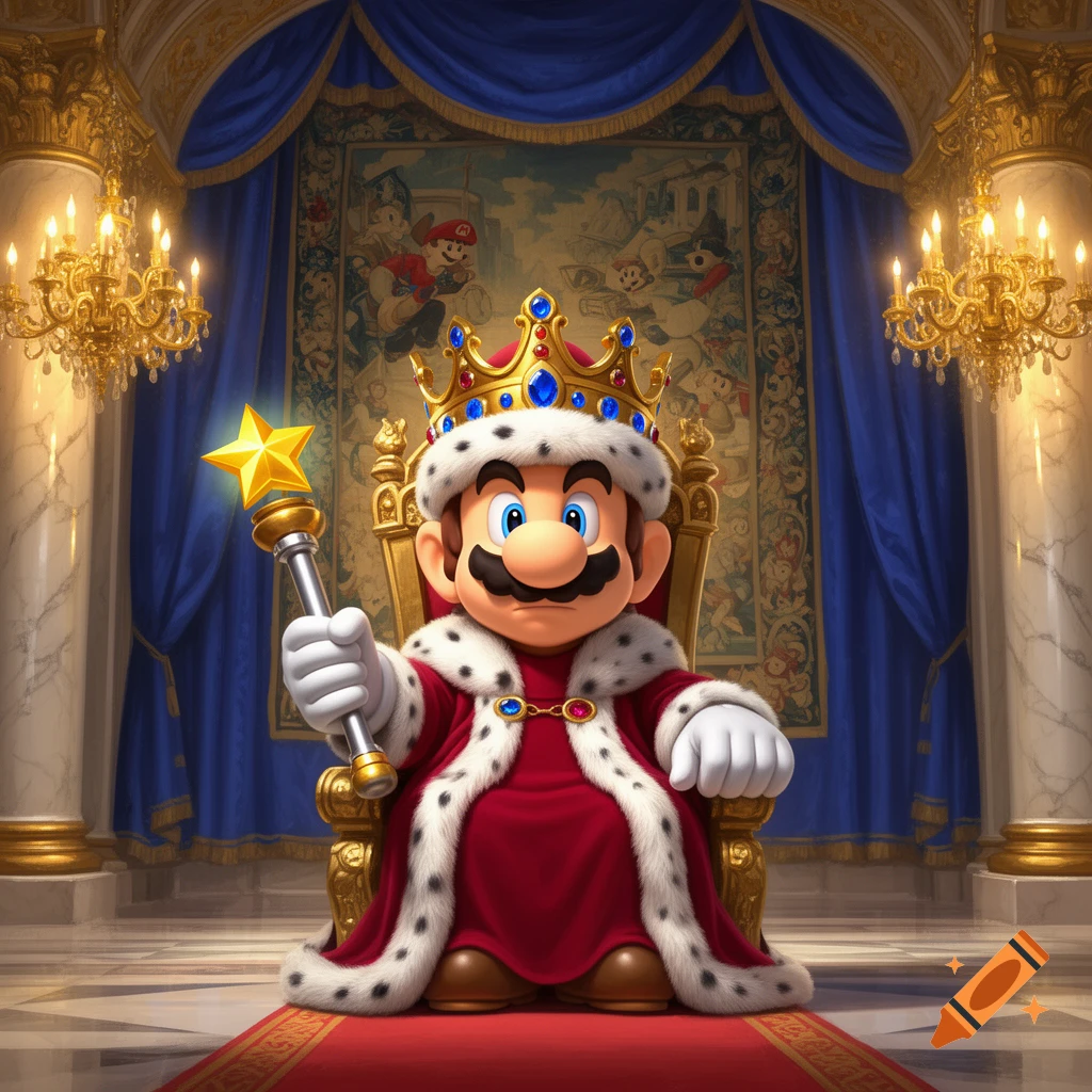King Mario in a royal robe and crown, holding a star scepter, seated on a golden throne in a lavish palace.