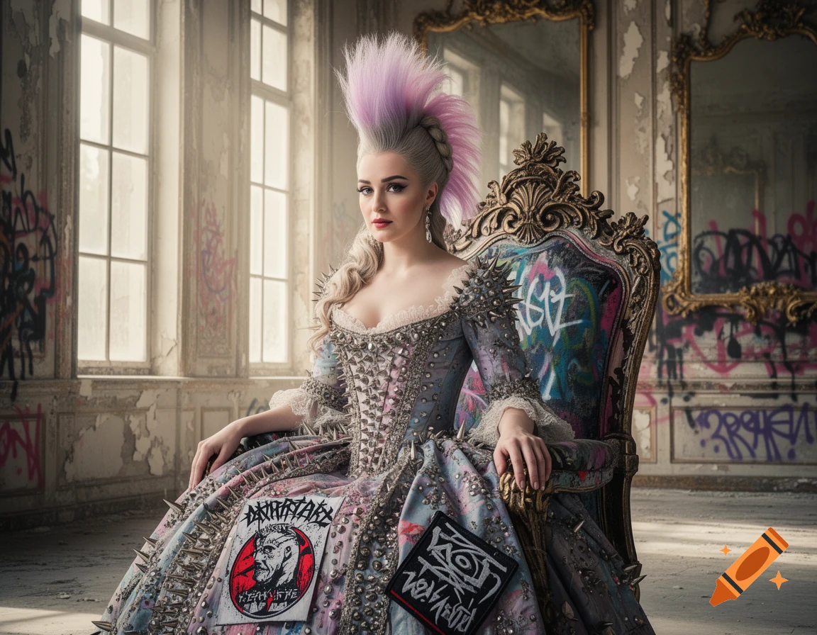 A woman in a punk-inspired Rococo dress with a purple mohawk sits on a graffiti-covered ornate chair in a decaying room.