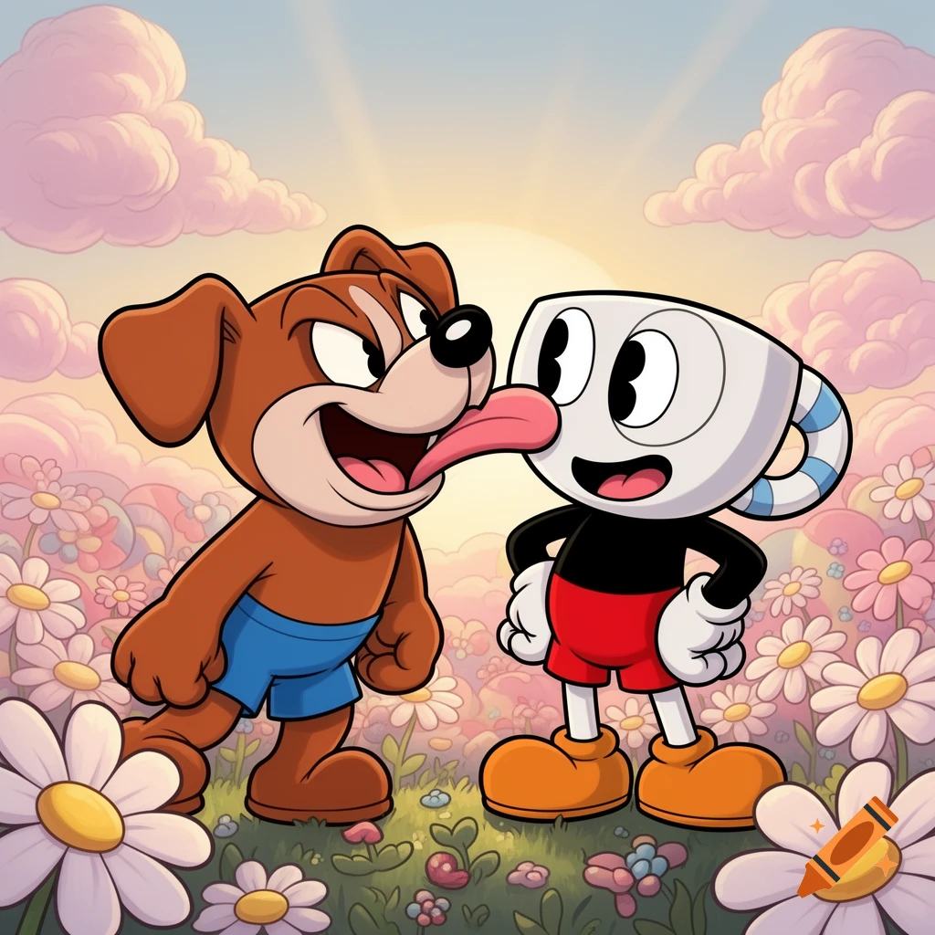 A brown cartoon dog licks Cuphead's face in a field of colorful flowers under a pastel sky.