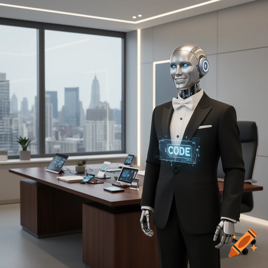 Metallic robot butler in a tuxedo with a 'CODE' hologram, standing in a modern office with city view.