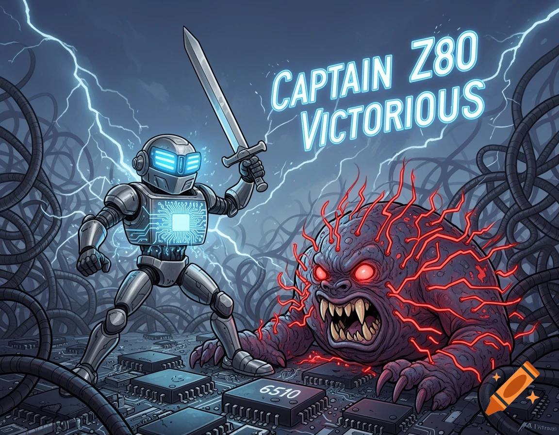 A robot with a sword battles a monster on a circuit board under lightning, with 'CAPTAIN Z80 VICTORIOUS' text.