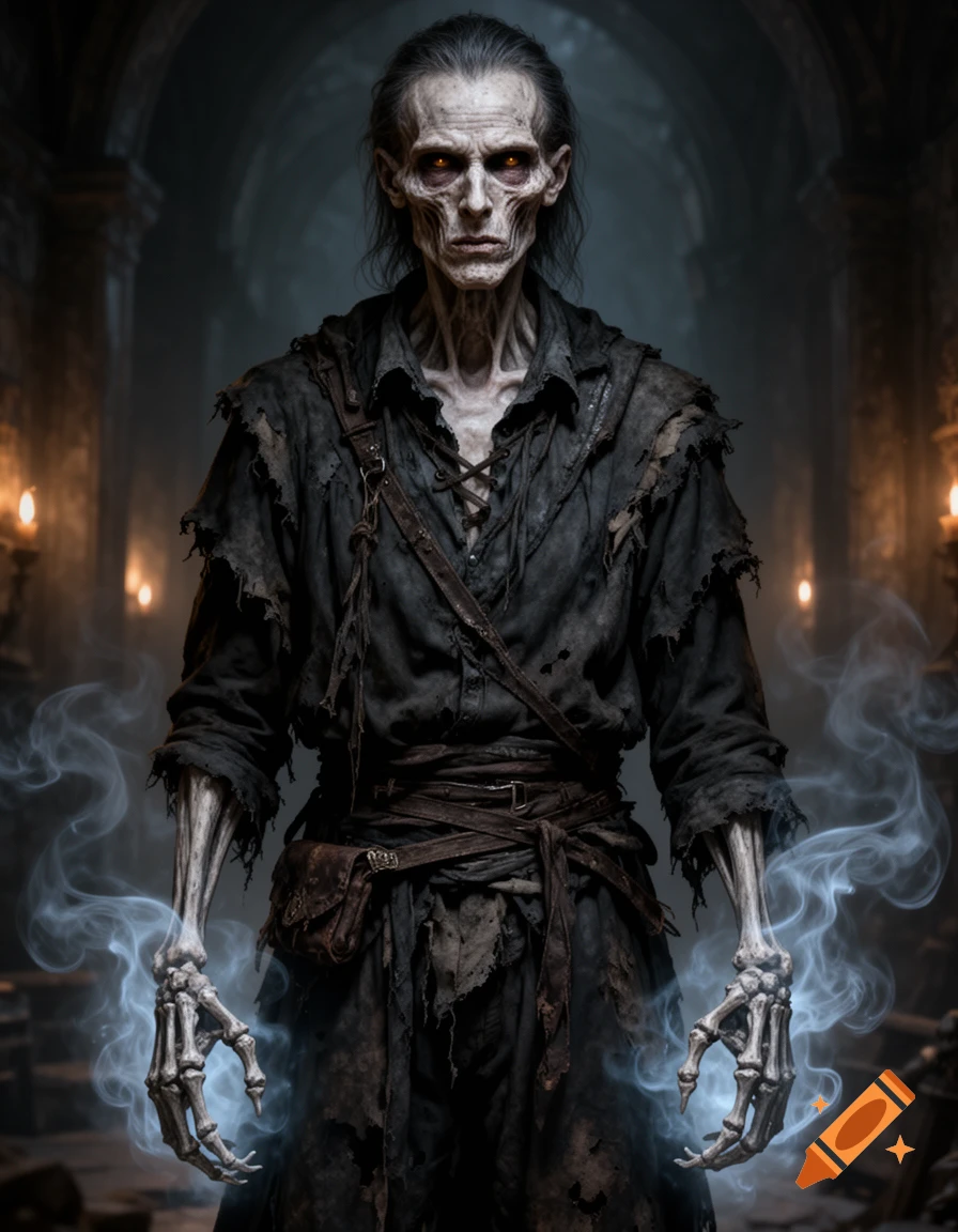 A gaunt necromancer with glowing eyes and skeletal hands, surrounded by blue magical smoke in a dark, atmospheric chamber. Dark fantasy art.