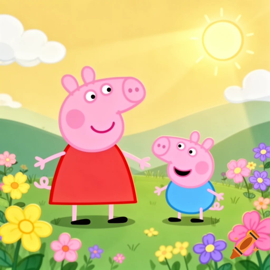 Peppa Pig and George Pig stand in a colorful, sunny field with flowers and green hills under a bright yellow sun.