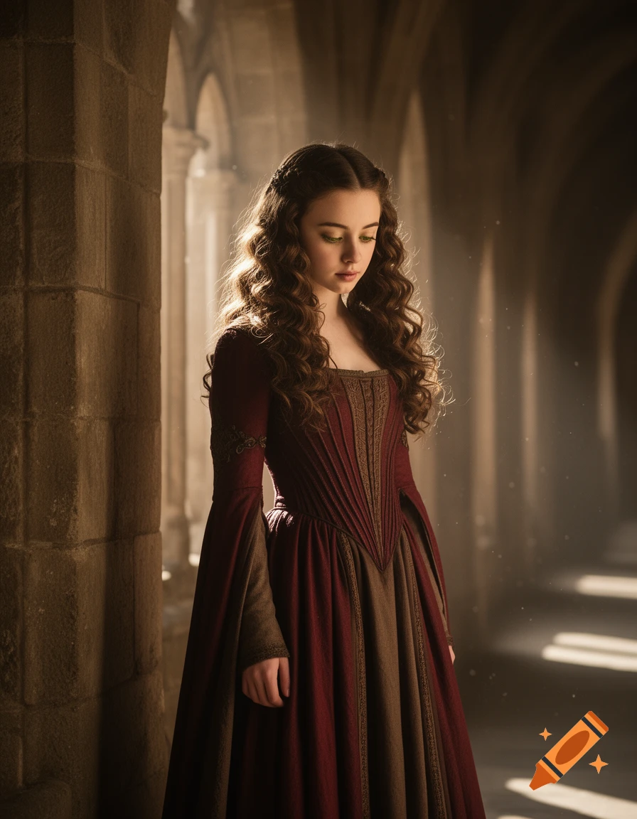 A young woman with long, brown curls in a crimson and muted brown medieval dress stands in a sunlit stone corridor.