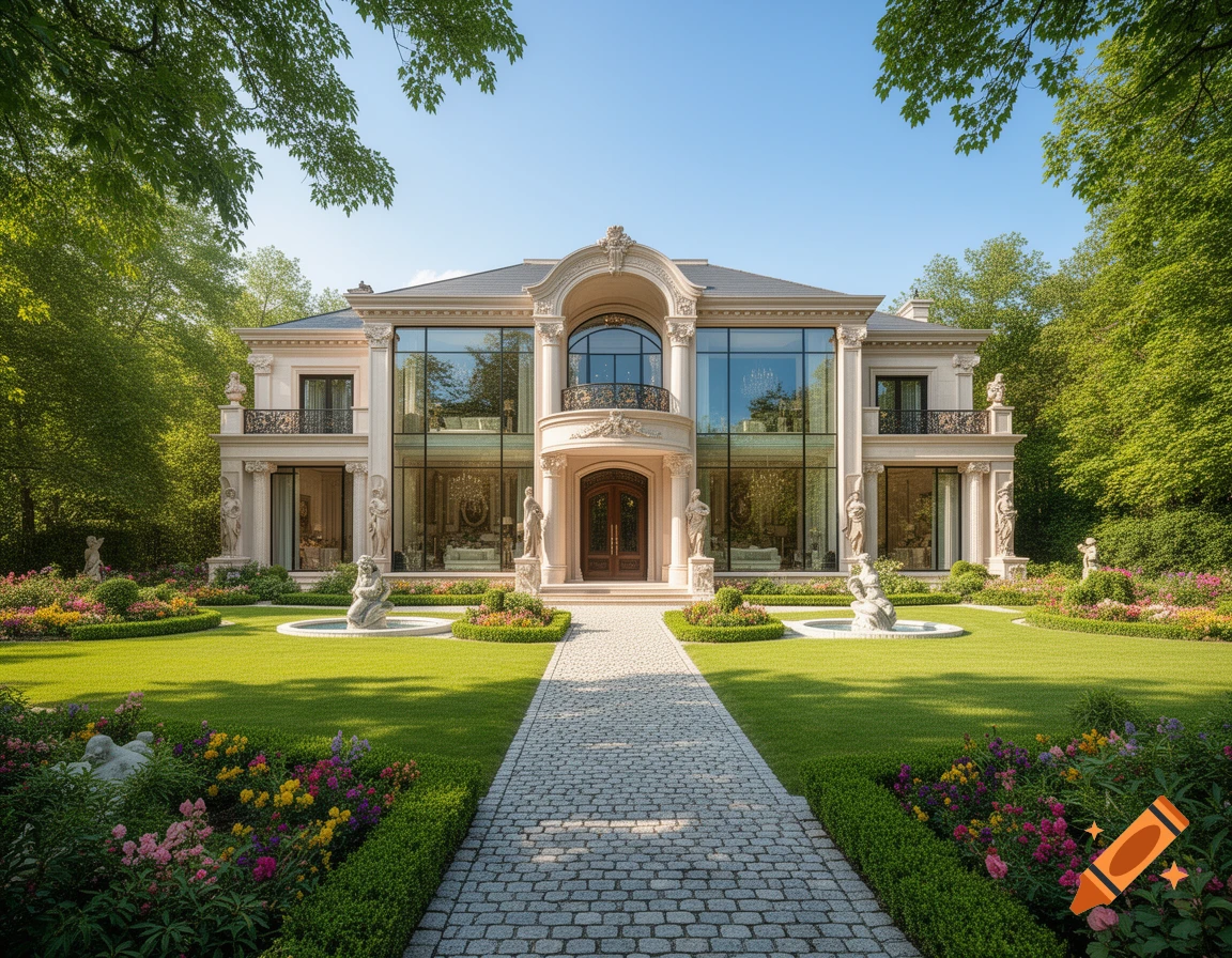 Photorealistic view of a grand, luxurious villa with classical architecture, surrounded by a lush green lawn, flower beds, and mature trees under a clear blue sky.