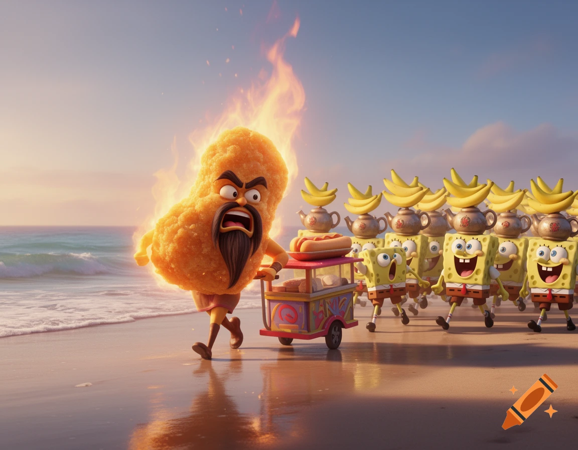 A burning bearded chicken nugget pulls a hotdog cart, yelling at a marching army of SpongeBob-like characters with bananas and teapots on their heads on a beach.