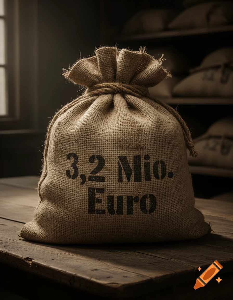 A photorealistic image of a burlap money bag with '3,2 Mio. Euro' printed on it, resting on a wooden table in a dimly lit room.