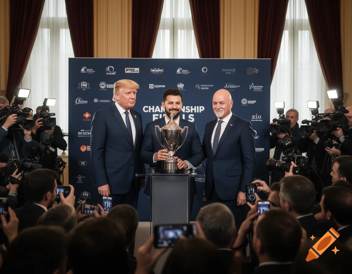 Donald Trump and two men in suits pose with a trophy at an indoor event, surrounded by a crowd of photographers and onlookers.