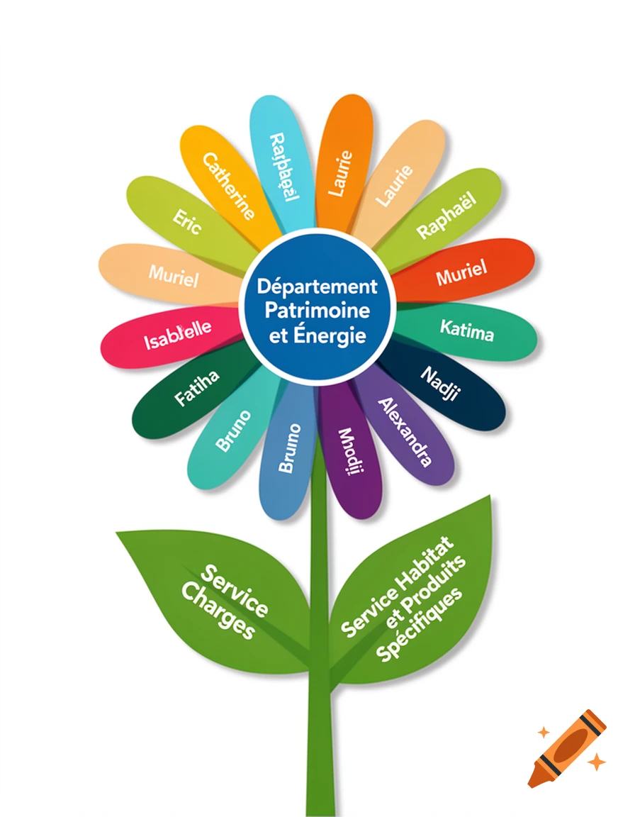 A modern vector illustration of a flower with colorful petals, green leaves, and text labels. The center reads "Département Patrimoine et Énergie," petals have names like "Catherine," "Eric," "Raphaël," and leaves read "Service Charges" and "Service Habitat et Produits Spécifiques."