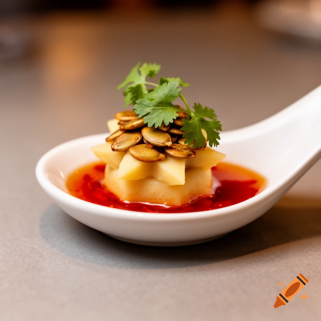 An amuse-bouche in a white Asian soup spoon with red chili oil, corn purée, pepitas, and cilantro.