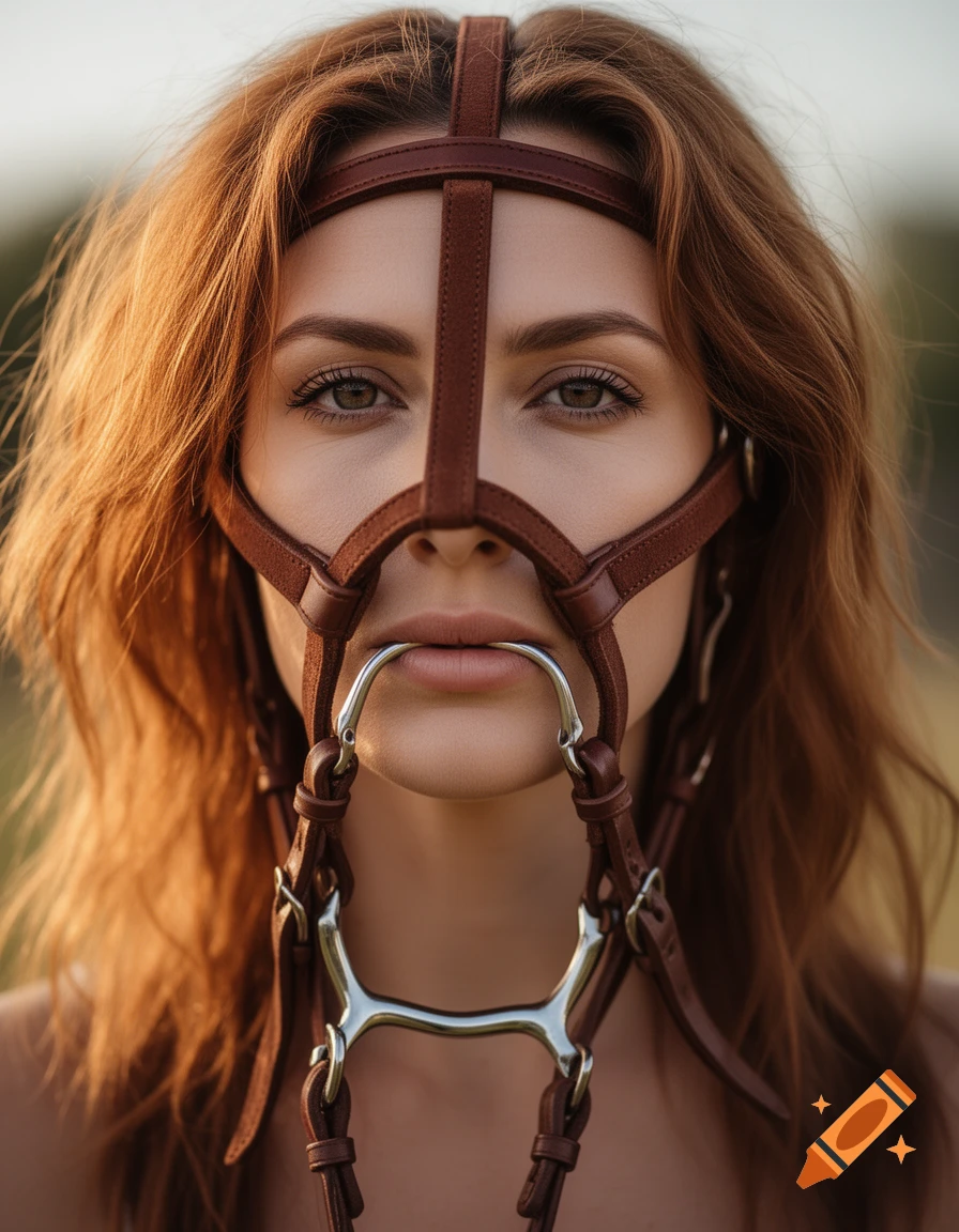 Close-up portrait of a woman with red hair wearing a leather horse bridle with a metal bit in her mouth.
