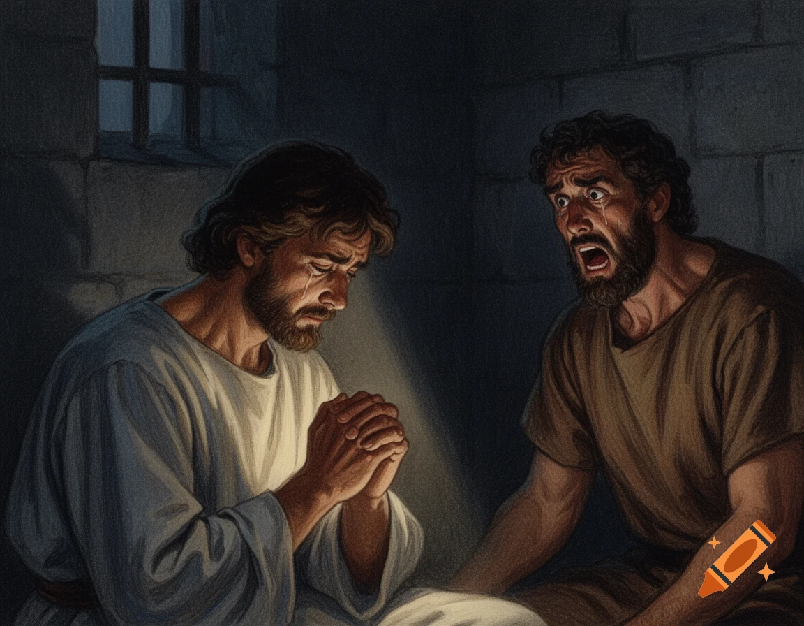 A solemn biblical illustration shows Joseph crying and praying in a dark prison cell next to a shocked baker.