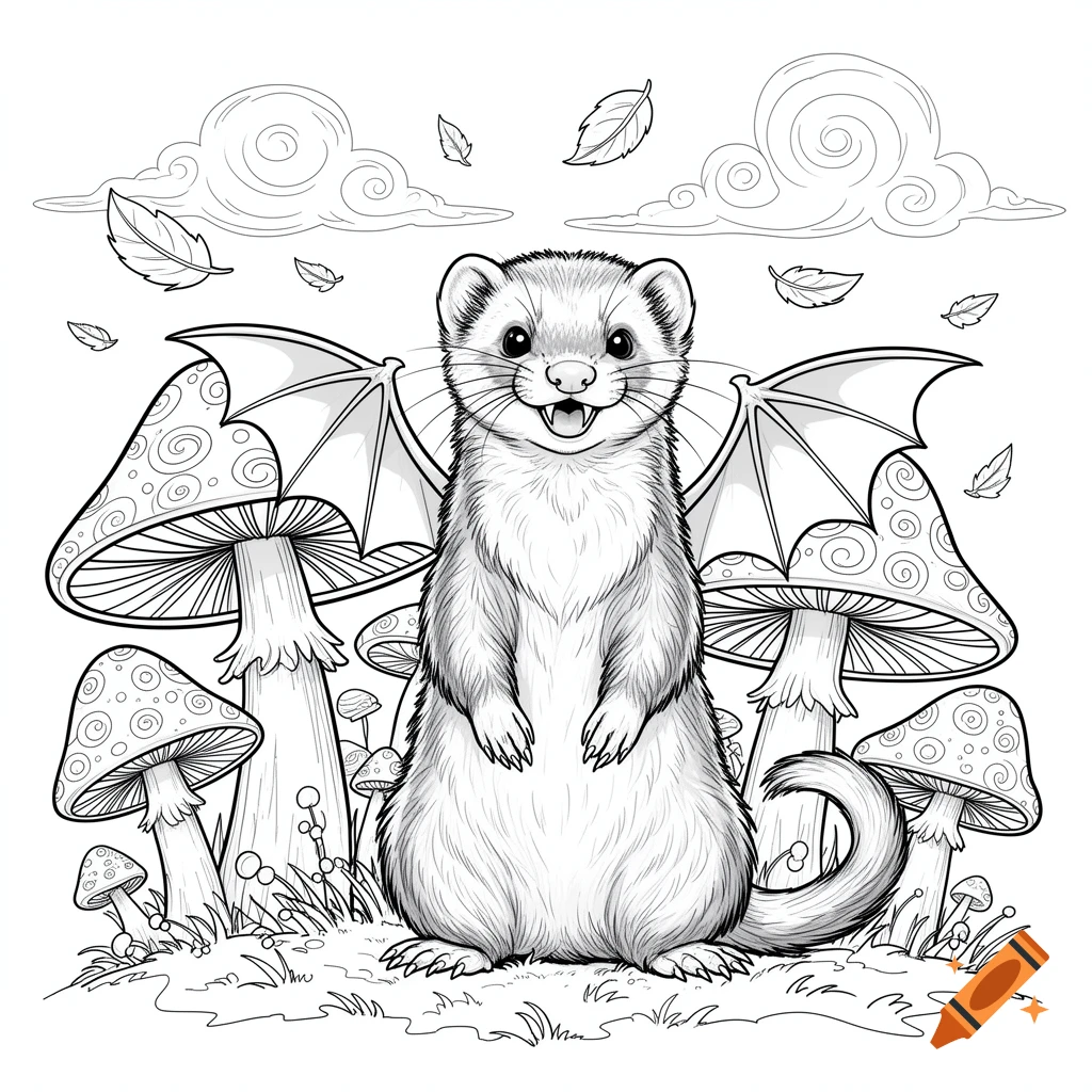 A cute vampire ferret with bat wings stands smiling among mushrooms and falling leaves in a black and white coloring page style.