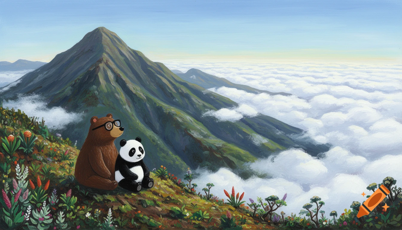 Acrylic illustration of a spectacled brown bear and a panda sitting on a mountain, gazing over a sea of clouds.