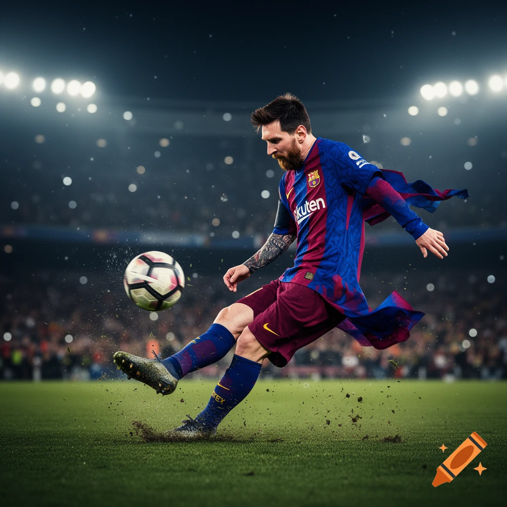 Photorealistic image of soccer player Lionel Messi in a blue and red jersey, kicking a ball on a green field in a stadium at night.