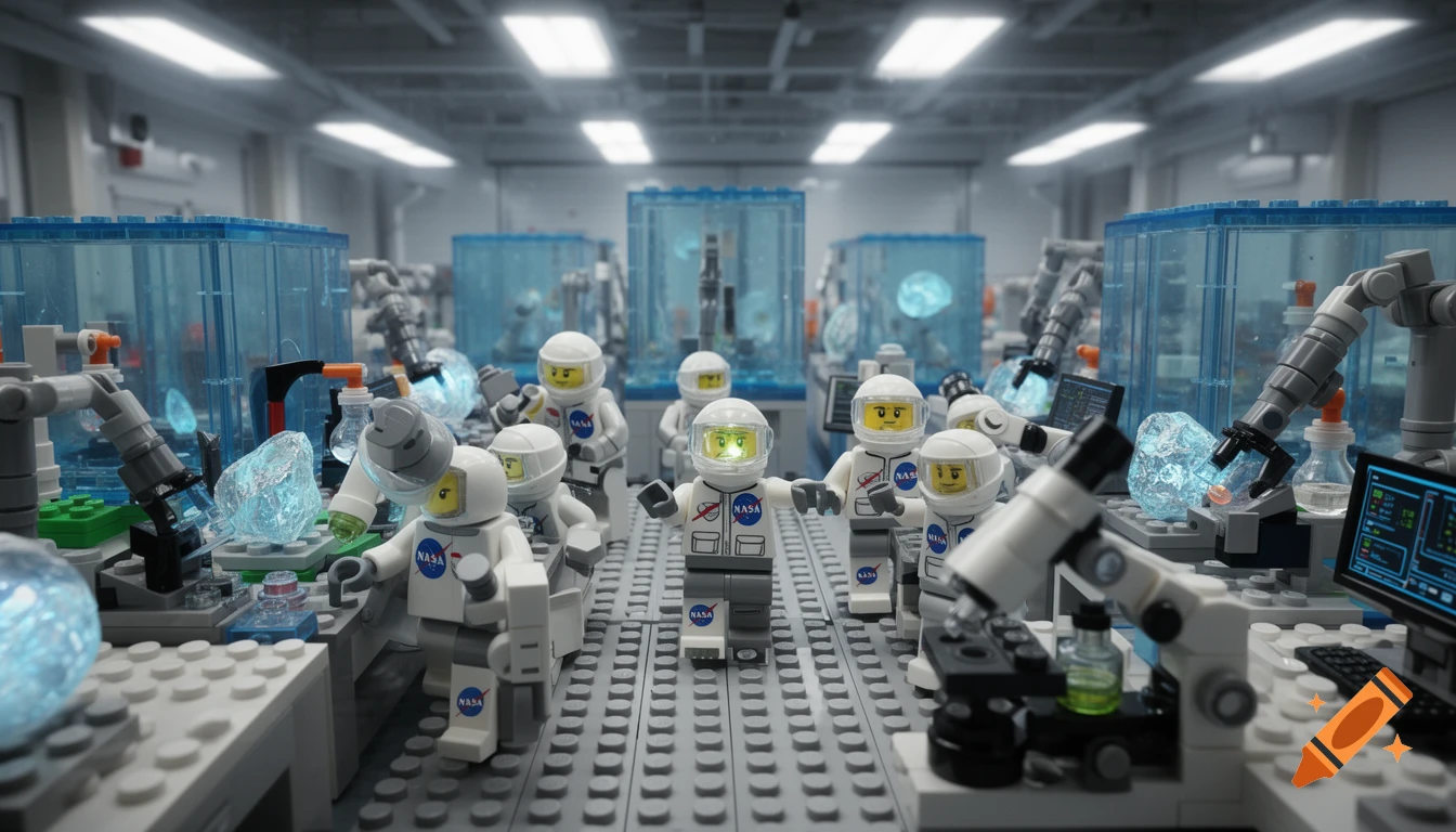 Photorealistic image of LEGO astronaut scientists in a NASA lab, analyzing glowing blue crystals with robotic arms and microscopes.