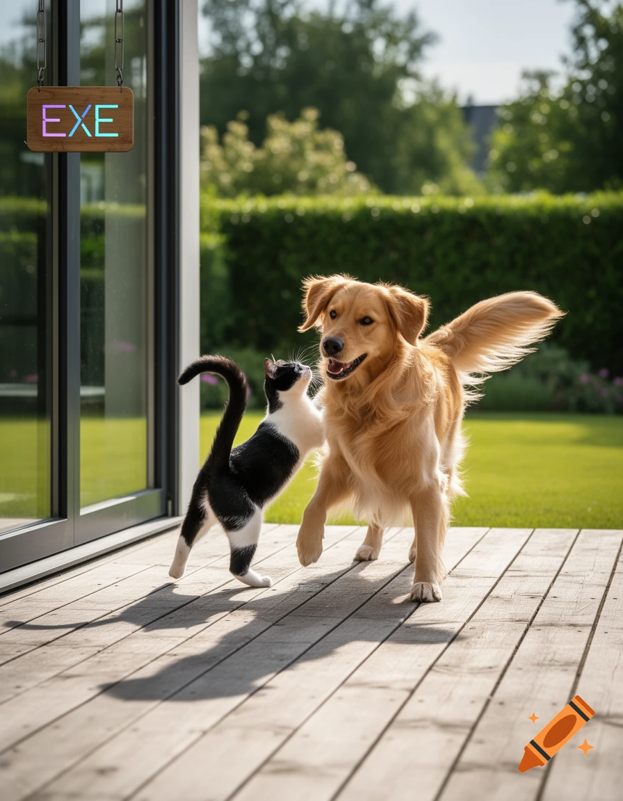 A playful Golden Retriever and a black and white cat interact on a sunlit wooden deck in a garden, with an 'EXE' sign.