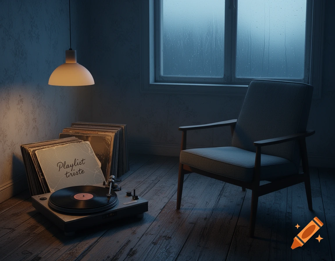 A dimly lit room features a record player with a "Playlist triste" vinyl cover, stacked records, and a gray armchair by a rainy window.