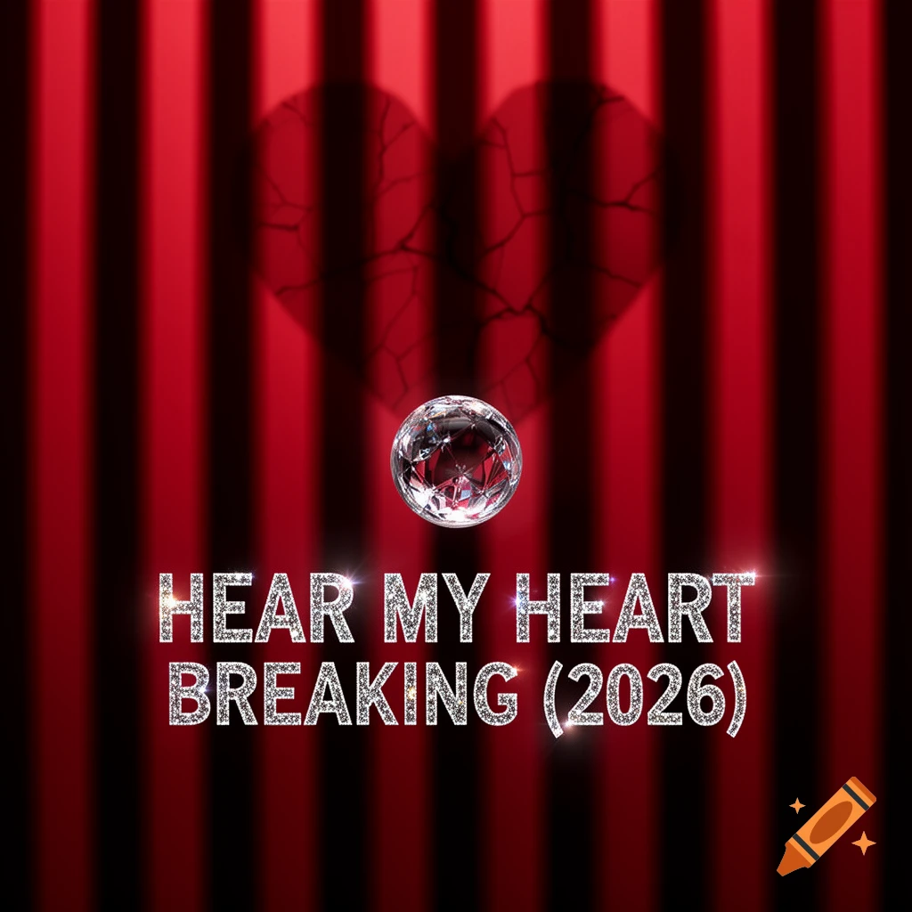 A crystal ball on a red striped background, casting a shadow of a broken heart, with glitter text that reads "HEAR MY HEART BREAKING (2026)".