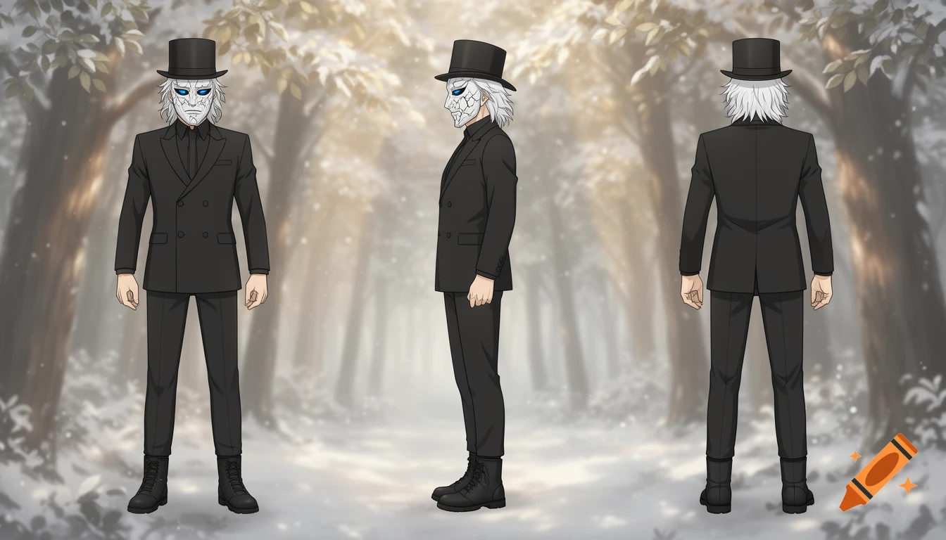 Anime character turnaround of a masked man in a black suit, top hat, and glowing blue eyes, against a blurred winter forest.