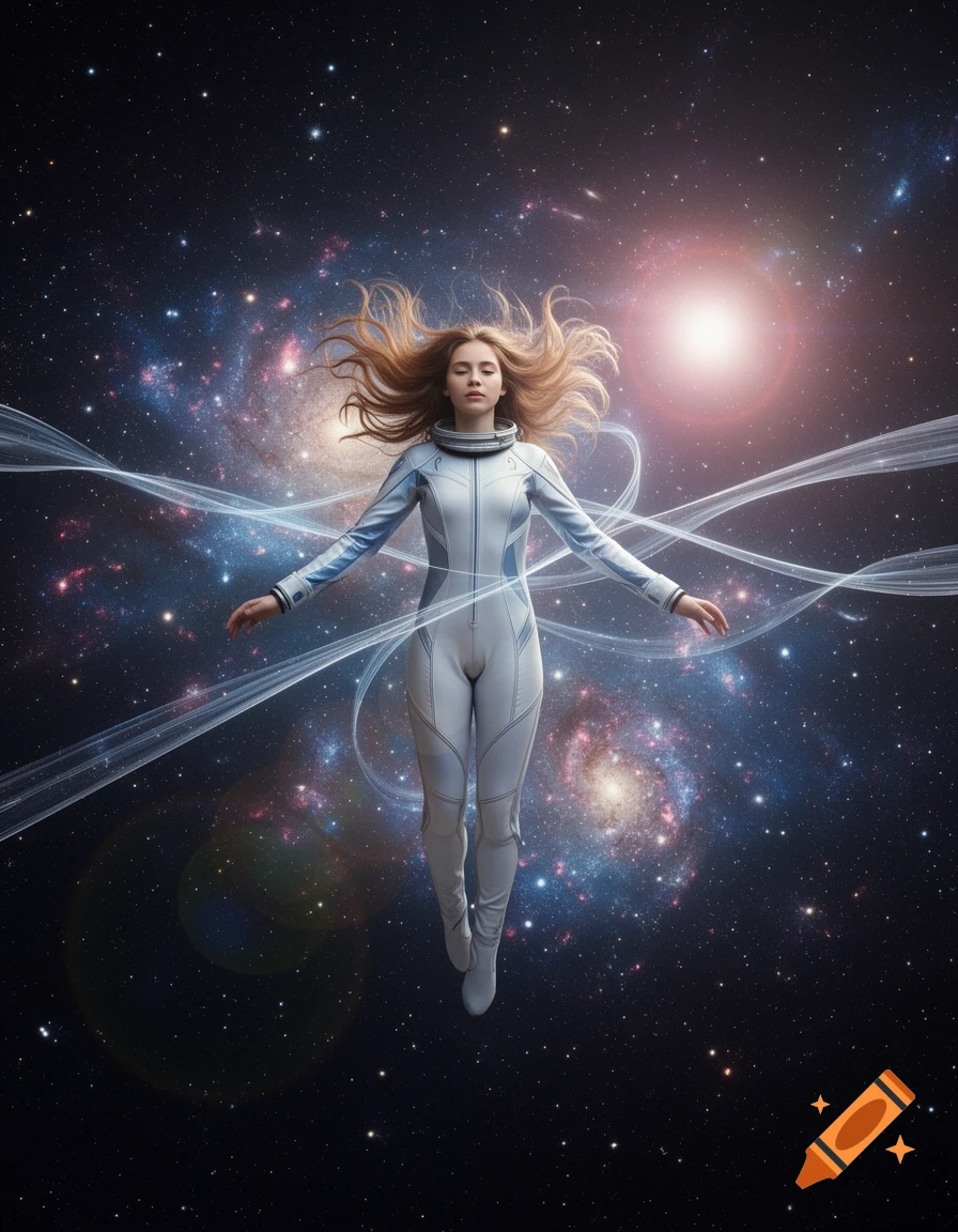 A woman in a futuristic white suit floats gracefully in deep space, her long hair flowing amidst swirling galaxies and bright stars.