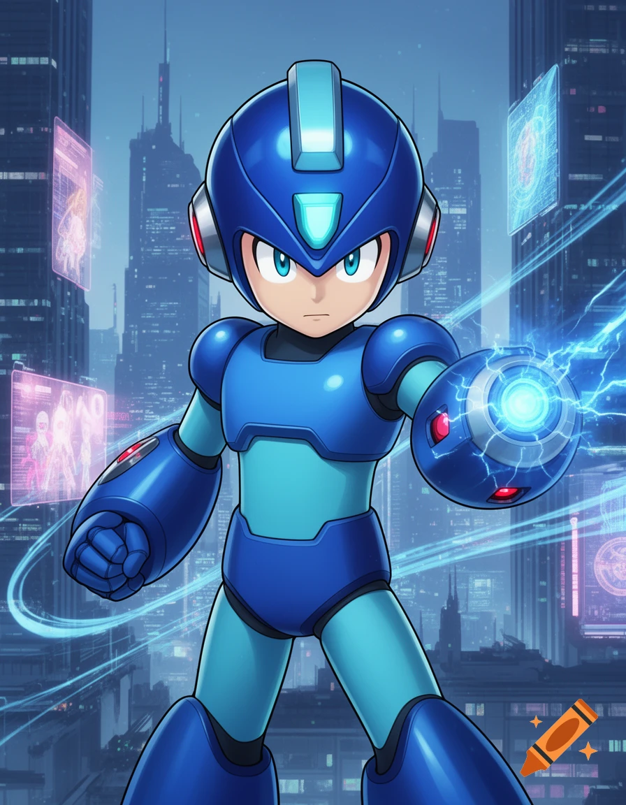 Mega Man in a blue suit and helmet stands in a futuristic city with glowing holographic screens, charging his arm cannon.