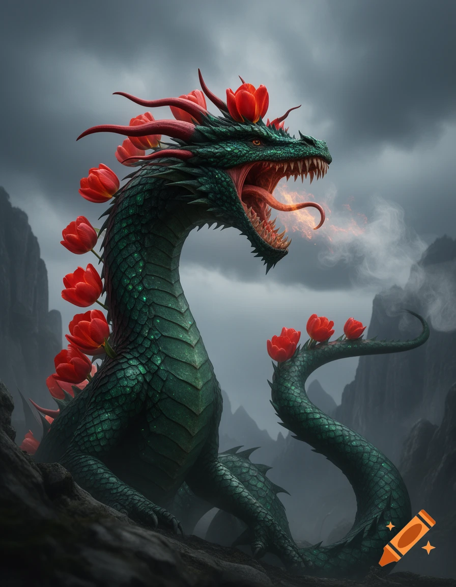 Majestic dark green dragon with red tulips on its head, spine, and tail, roaring with fire, against a cloudy, mountainous backdrop in a realistic style.