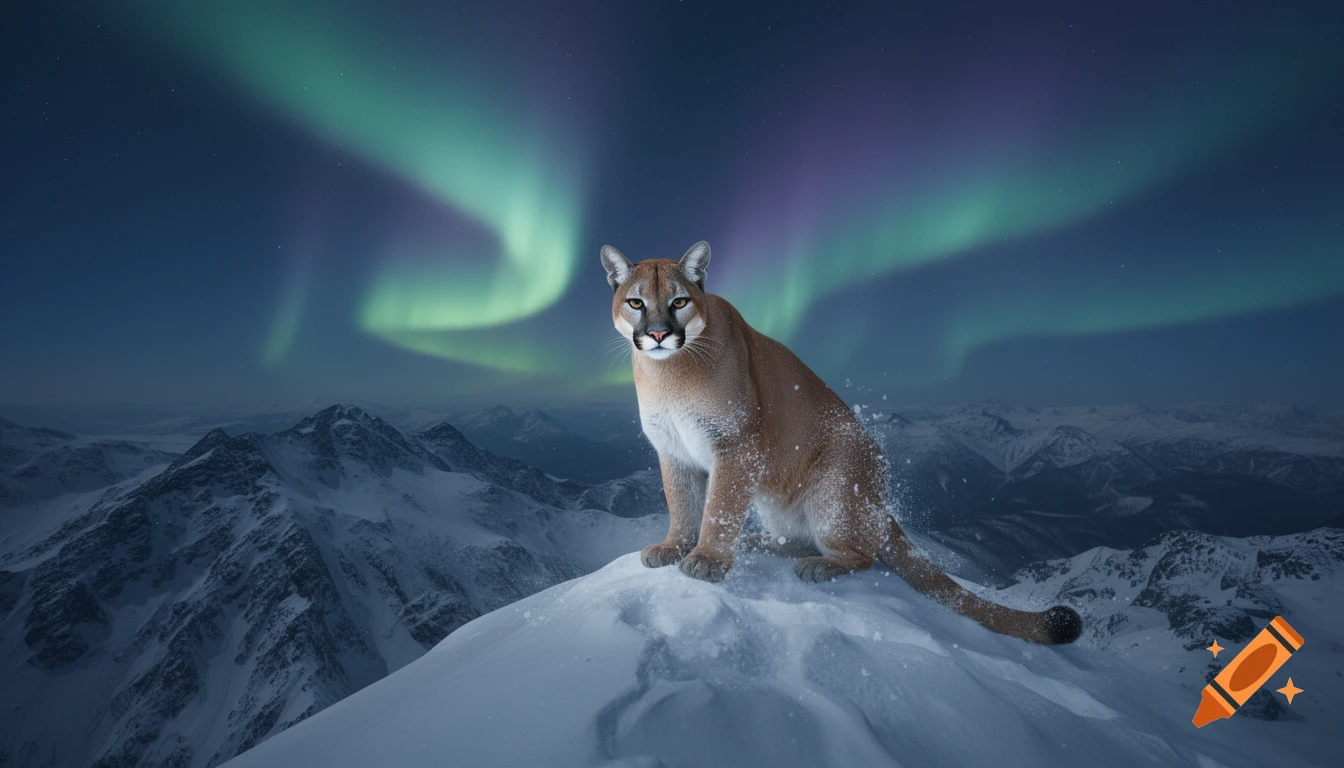 A photorealistic puma sits on a snowy mountain peak under a vibrant green and purple aurora borealis in the night sky.